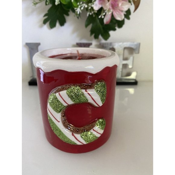 Kohls Vintage Christmas Candle‎ With Big Candy Cane "C" Red w Green Glitter NWT - Picture 7 of 16